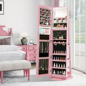 Costway Armadio portagioielli girevole con specchio a figura intera luci LED, Organizer da terra di gioielli Rosa
