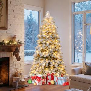 Costway Albero di natale pieghevole con 130 palline luci led e 616 punte di ramo, Albero di natale artificiale innevato da 180 cm Bianco