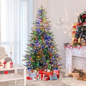 Costway Albero di 210 cm natale artificiale pre-illuminato con luci led calde e multicolori, Albero base metallica pieghevole