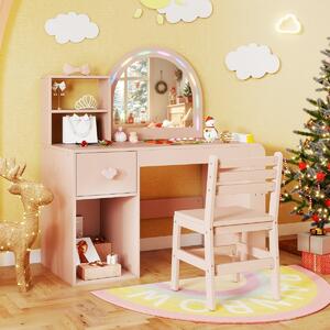 Costway Tavolo da principessa con specchio per trucco illuminato e incorniciato, Set tavolo e sedia per bambini Rosa