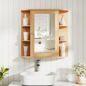 Costway Armadietto del bagno con specchio e mensole regolabili al muro, Armadietto di legno per bagno e salone Legno naturale