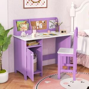 Costway Set di scrivania e sedia per bambini in legno con scaffale armadietto bacheca, Postazione di scrittura Viola