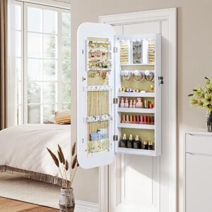 Costway Armadietto per gioielli organizzatore con specchio a figura intera, Armadietto per gioielli e 6 led bordo arrotondato Bianco
