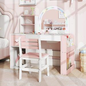 Costway Tavolo da principessa con specchio per trucco illuminato e incorniciato, Set tavolo e sedia per bambini Bianco