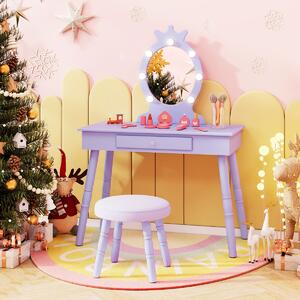 Costway Set da trucco per bambini con specchio illuminato, Set di trucco per principesse con tavolo e sedia regolabili Viola