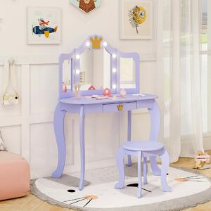 Costway Set da trucco per bambini con specchio illuminato, Set da trucco con tavolo e sedia con specchio Viola