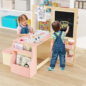Costway Set tavolo e panca per bambini con cavalletto regolabile a doppia faccia, Centro artistico in legno 114x81x100cm Rosa
