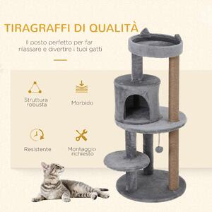 PawHut Tiragraffi gatti a 3 Livelli Albero per Gatti con Cuccia ,piattaforma e colonna Sisal da Graffiare Giocattolo, Grigio|Aosom.it