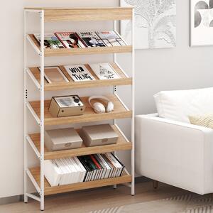Costway Libreria a 6 ripiani scaffale inclinato con struttura metallica robusta, Libreria porta giornali industriale Legno naturale