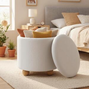 Costway Pouf contenitore rotondo sgabello tessuto ciniglia coperchio rimovibile, Pouf contenitore spazio nascosto 35l Bianco