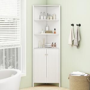 Costway Mobile d’angolo alto moderno con 5 ripiani e 2 ante scanalate per bagno, Mobile salvaspazio con ripiano regolabile Bianco