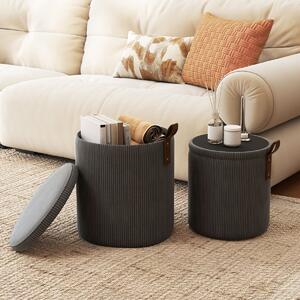 Costway Pouf rotondo con contenitore set da 2 sgabelli a incastro con coperchi removibili, Pouf poggiapiedi in velluto a coste Grigio