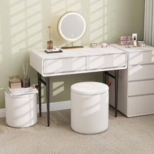 Costway Pouf rotondo con contenitore set da 2 sgabelli a incastro con coperchi removibili, Pouf poggiapiedi in velluto a coste Bianco