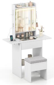 Costway Tavolo cosmetico con piano in vetro e sgabello con contenitore, Tavolo da trucco con specchio e luci