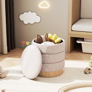 Costway Pouf contenitore moderno rotondo sgabello con coperchio rimovibile e base in legno, Pouf seduta imbottita multifunzione
