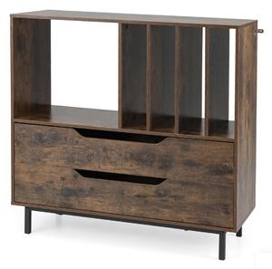 Costway Supporto per giradischi con scomparto aperto 4 ripiani per vinili e 2 cassetti, Supporto Porta vinili retrò Marrone