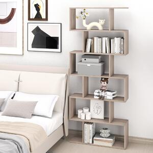Costway Libreria a 6 livelli a forma di S con dispositivo antiribaltamento, Scaffale di legno per casa e ufficio Grigio chiaro