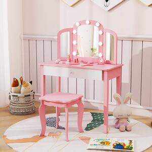 Costway Set tavolo trucco bambini 2 in 1 principessa specchio 3 pieghe luci led, Set sgabello legno bambine 3+ anni gioco creativo regalo Rosa