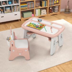 Costway Tavolo e sedia per bambini con mensola ribaltabile lavagna magnetica cancellabile, Tavolo e sedia per imparare Rosa