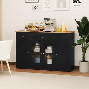 Costway Buffet laterale grande 140 cm con 3 cassetti 2 ante trasparenti, Mobiletto moderno con ripiani regolabili per sala pranzo Nero