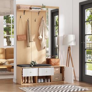 MODFU Armadio con cassetto e ganci per cappotti, appendiabiti con ripiano e specchio, scarpiera con panca e imbottitura, colore legno+bianco