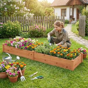 Costway Fioriera rettangolare da esterno in legno, Orto rialzato da giardino per ortaggi fiori piante aromatiche e frutta Marrone