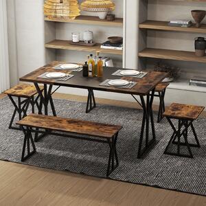 Costway Set pranzo 5 pezzi 4-6 persone metallo industriale rettangolare cucina, Set tavolo 2 panchi 2 sgabelli salvaspazio appartamento colazione