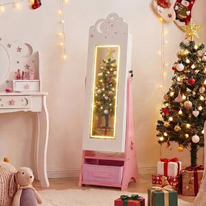 Costway Mobiletto gioielli bambini luci specchio figura intera 4 sensore, Mobiletto portagioielli principessa terra camera sala giochi Bianco