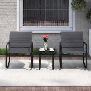 Costway Set da bistrot 3 pezzi esterno dondolo metallo cuscini morbidi vetro temperato, Set conversazione esterno sedie dondolo veranda giardino braccioli Nero