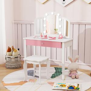 Costway Set tavolo trucco bambini 2 in 1 principessa specchio 3 pieghe luci led, Set sgabello legno bambine 3+ anni gioco creativo regalo Bianco