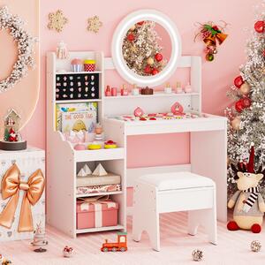 Costway Scrivania bambini specchio luci tavolo trucco principessa scaffale aperta, Tavolo anelli spazi sgabello imbottito finzione giochi bambini Bianco