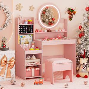 Costway Scrivania bambini specchio luci tavolo trucco principessa scaffale aperta, Tavolo anelli spazi sgabello imbottito finzione giochi bambini Rosa