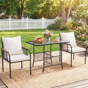Costway Set bistro vimini 3 pezzi rattan tavolo rettangolare sedie, Set pranzo esterni salvaspazio cuscini patio balcone veranda Bianco