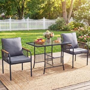 Costway Set bistro vimini 3 pezzi rattan tavolo rettangolare sedie, Set pranzo esterni salvaspazio cuscini patio balcone veranda Grigio