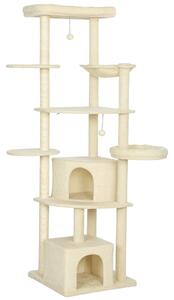 PawHut Albero per Gatti Alto 200 cm Multilivello con 2 Casette, 2 Lettini e Amaca, Struttura per 2-3 Gatti, Beige | Aosom Italy