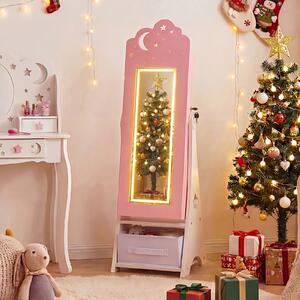 Costway Mobiletto gioielli bambini luci specchio figura intera 4 sensore, Mobiletto portagioielli principessa terra camera sala giochi Rosa