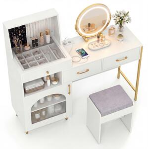 Costway Tavolo trucco specchio luci 3 modalità vetro 3 cassetti, Tavolo trucco 120 slot 10 ganci scomparto armadietto sgabello