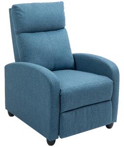 Poltrona Reclinabile 69x88x101 cm Imbottita con Poggiapiedi in Tessuto Effetto Lino e Acciaio Blu