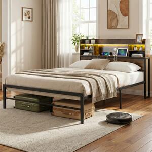 Costway Telaio letto matrimoniale metallo piattaforma luci led 16 colori 4 modalità, Telaio ricarica ripiani portaoggetti luminosità velocità regolabili