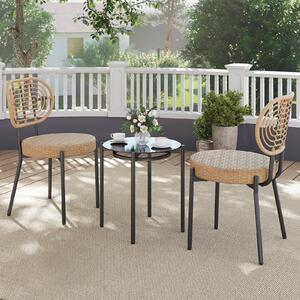 Costway Set bistrò esterno 3 pz vimini pe sedie tavolino vetro temperato, Set conversazione patio mobili esterni balcone terrazza giardino