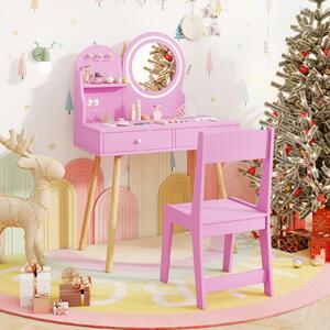 Costway Set da trucco per bambini con specchio illuminato, Set da tavolo e sedia da principessa con ripiano aperto Rosa