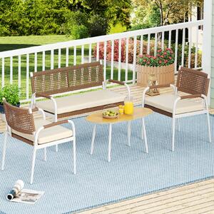 Costway Set patio 4 pz divanetto rattan pe 2 poltrone cuscini morbidi, Set tavolo vetro temperato divani esterni balcone veranda giardino cortile