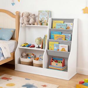 Costway Libreria bambini organizzatore giocattoli legno 3 ripiani tasca tessuto, Libreria anti-ribaltamento sacca cubi stoccaggio sala giochi 80cm