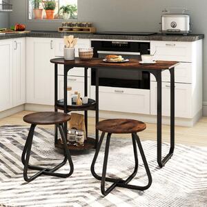 Costway Set pranzo industriale 3 pz tavolo cucina legno 2 sgabelli ripiani portaoggetti, Set salvaspazio appartamenti cucina soggiorno mobili moderni Marrone