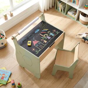 Costway Set tavolo sedia bambini legno studio lavagna reversibile rotolo carta, Set multi-attività contenitore nascosto disegno pittura scrittura