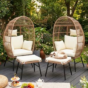 Costway Poltrona uovo rattan pe vimini cuscini comodi poggiapiedi oversize, Poltrona salotto interni esterni balcone bordo piscina veranda