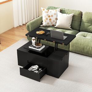 Costway Tavolino caffè piano sollevabile 4 sgabelli contenitori 3-in-1 soggiorno, Tavolino scomparto nascosto cassetto rettangolare 4-8 persone Nero
