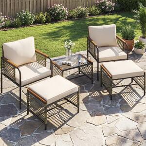 Costway Tavolino set conversazione esterno 5 pezzi cuscini rattan 2 pouf vetro temperato, Tavolino mobili esterno balcone veranda terrazza giardino Bianco