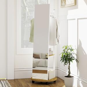 Costway Appendiabiti specchio figura intera autoportante 3 ganci ripiani stoccaggio, Appendiabiti specchio terra ruote camera letto ingresso Bianco