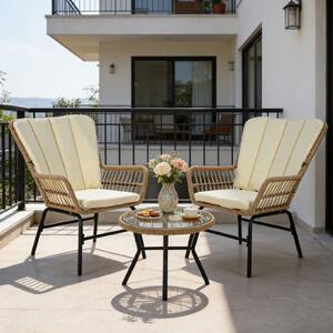 Costway Set bistro esterno 3 pezzi cuscini tavolino vetro temperato, Set conversazione sedie esterne veranda balcone terrazza